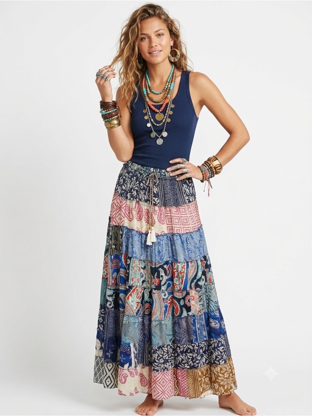 41. Boho Patchwork Sari Silk Maxi Skirt Festival Hippie Gypsy One Size India
